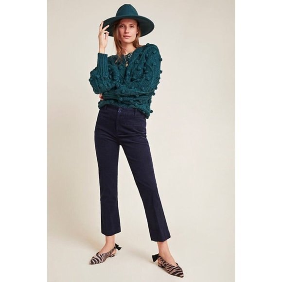 Navy Blue Anthropologie Corduroy Slim Cropped Flare Pants (NWT) - Picture 1 of 7